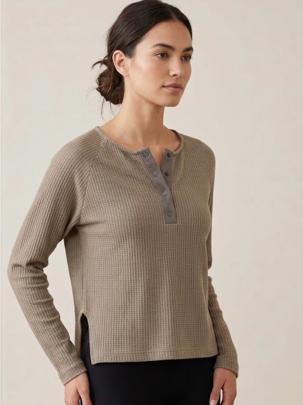 Paper Crane Waffle Knit Henley Top Olive Green